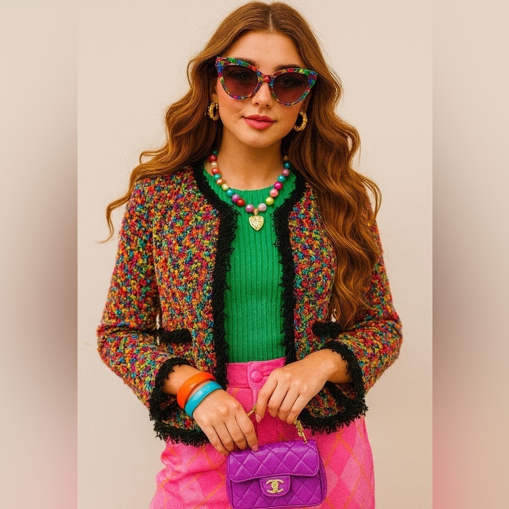 Christine Rotelli Multicolor Boucle Knit Fringe Trim Sweater Artistic Designer